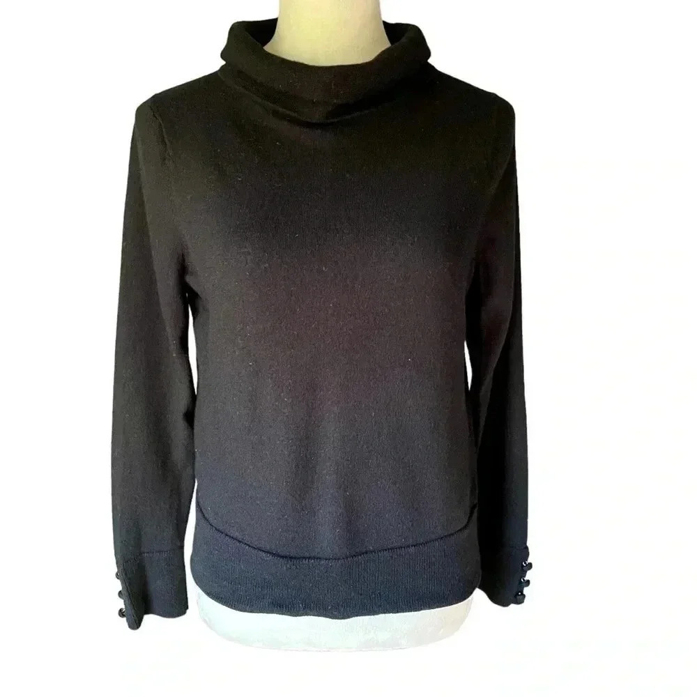 Talbots Womens Black 100% Pure Merino Wool Funnel Neck Button Cuff Sweater L